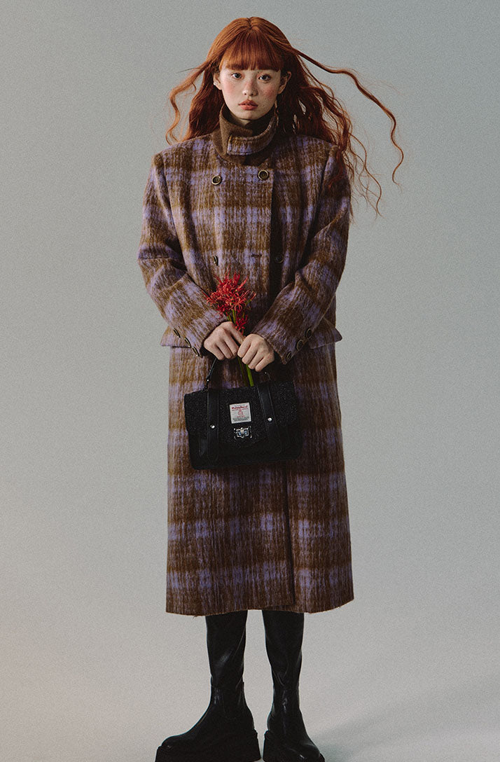 Long wool coat with parong hair check pattern and two buttons