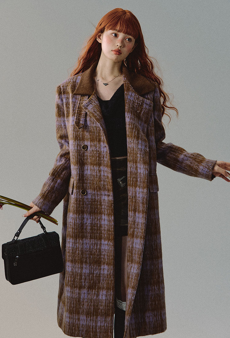 Long wool coat with parong hair check pattern and two buttons