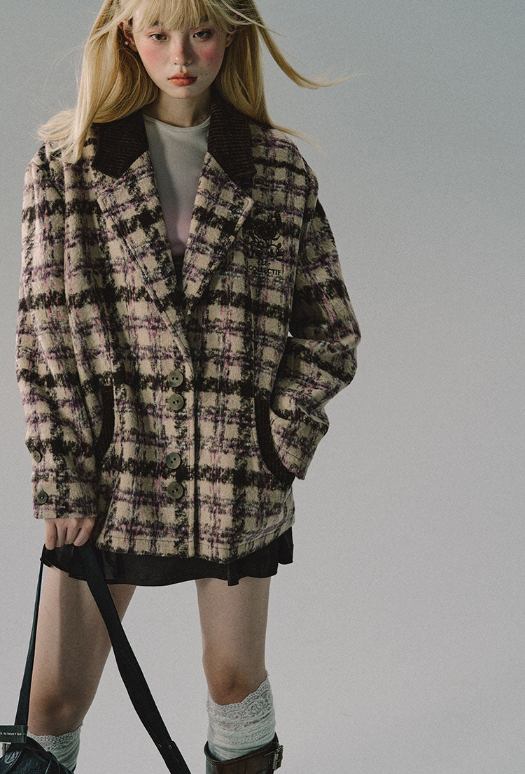 Price collar checkered mid-length coat jacket