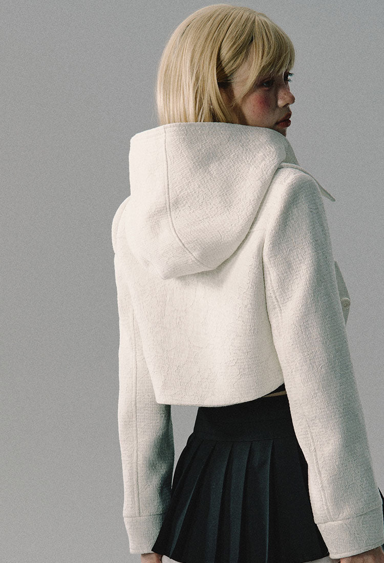 White Tweed Short Waistline Shaped Hood Jacket