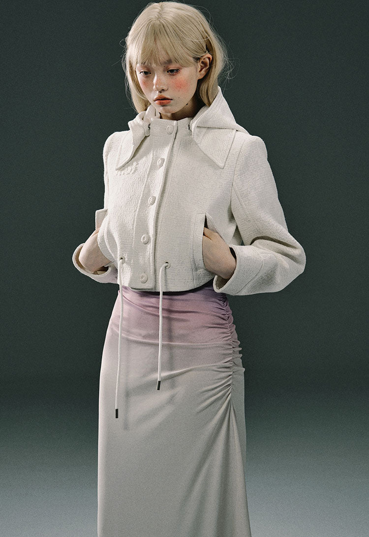 White Tweed Short Waistline Shaped Hood Jacket