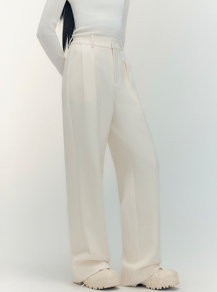 Wool High Waist Straight Draped Pants