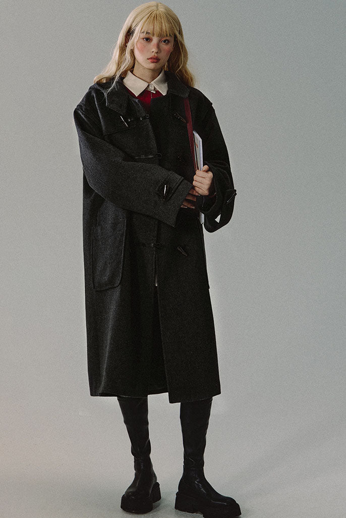 Classic collegiate style long wool coat in medium gray