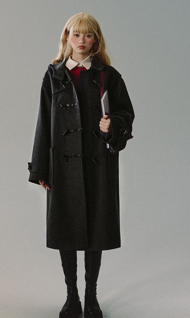 Classic collegiate style long wool coat in medium gray