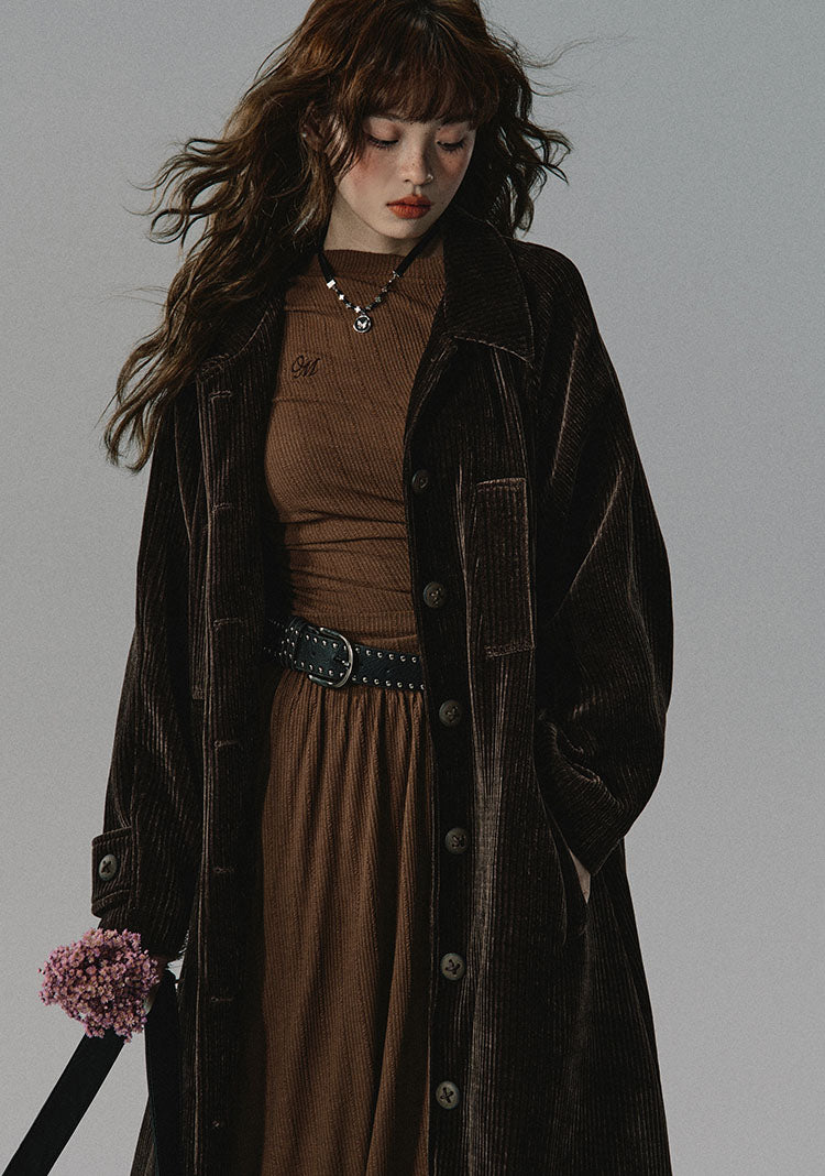 T-brown buckle off-shoulder long coat