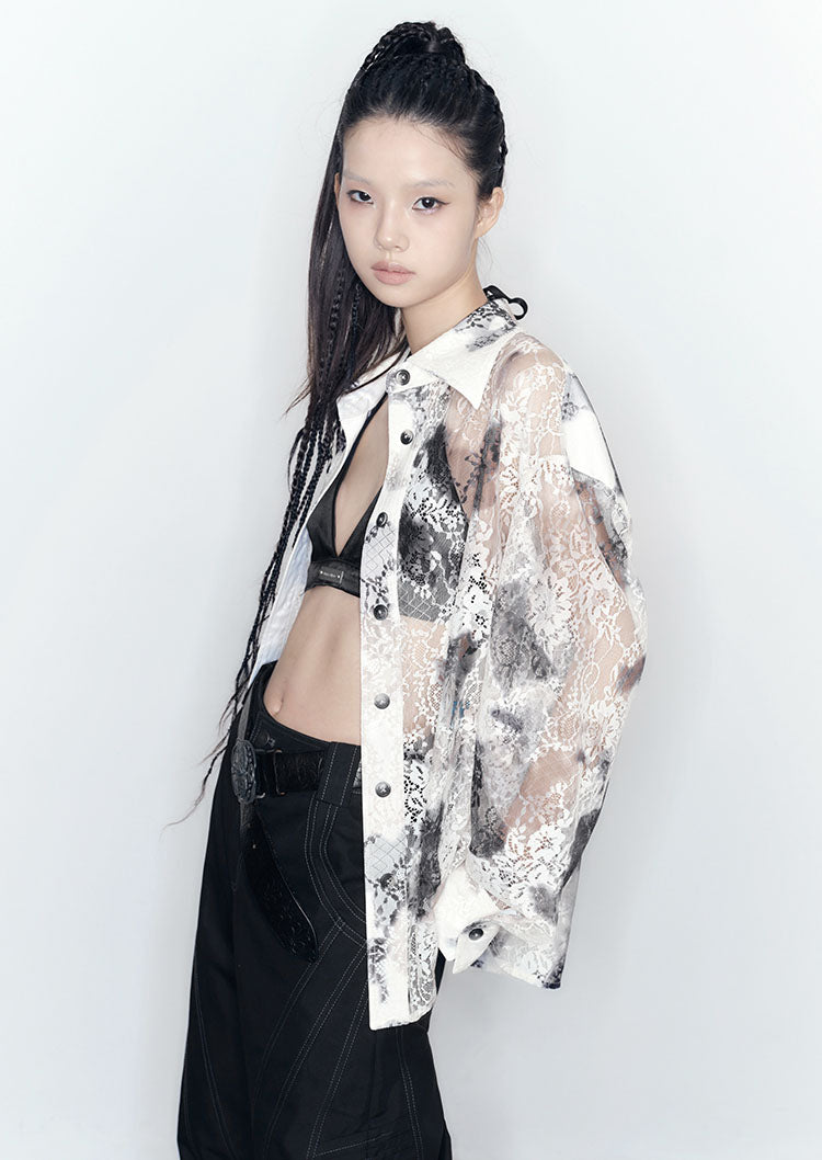 tie-dye Print Lace Shirt-Skirt Suit Setup