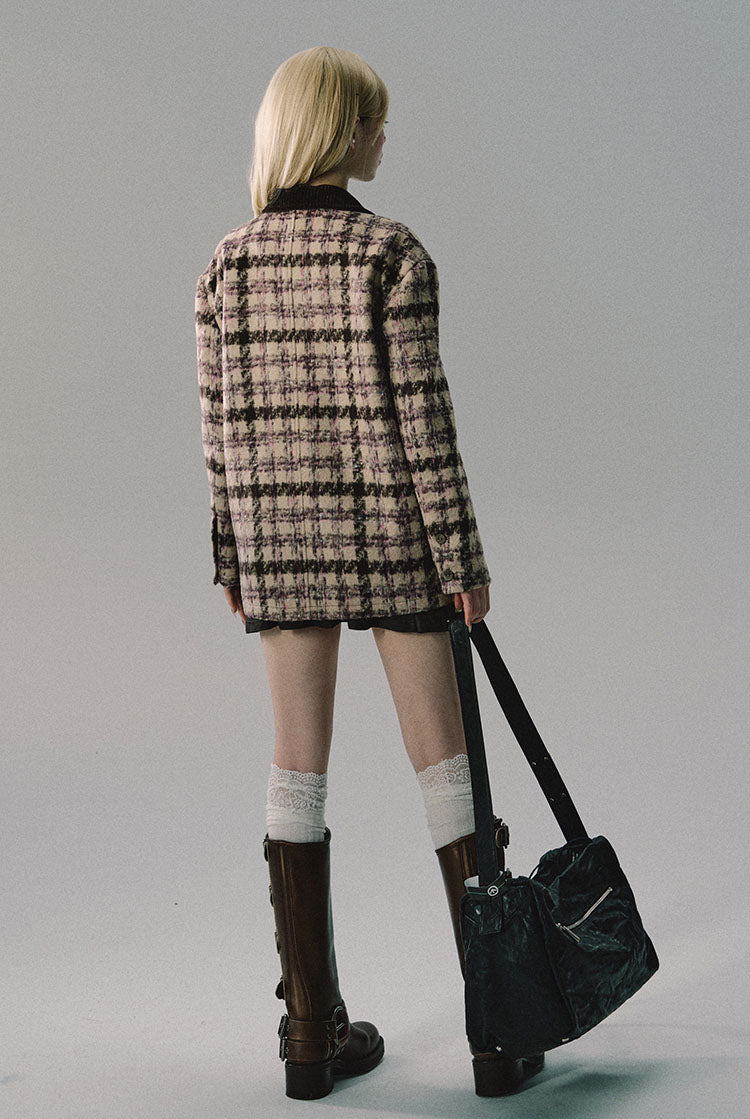 Price collar checkered mid-length coat jacket