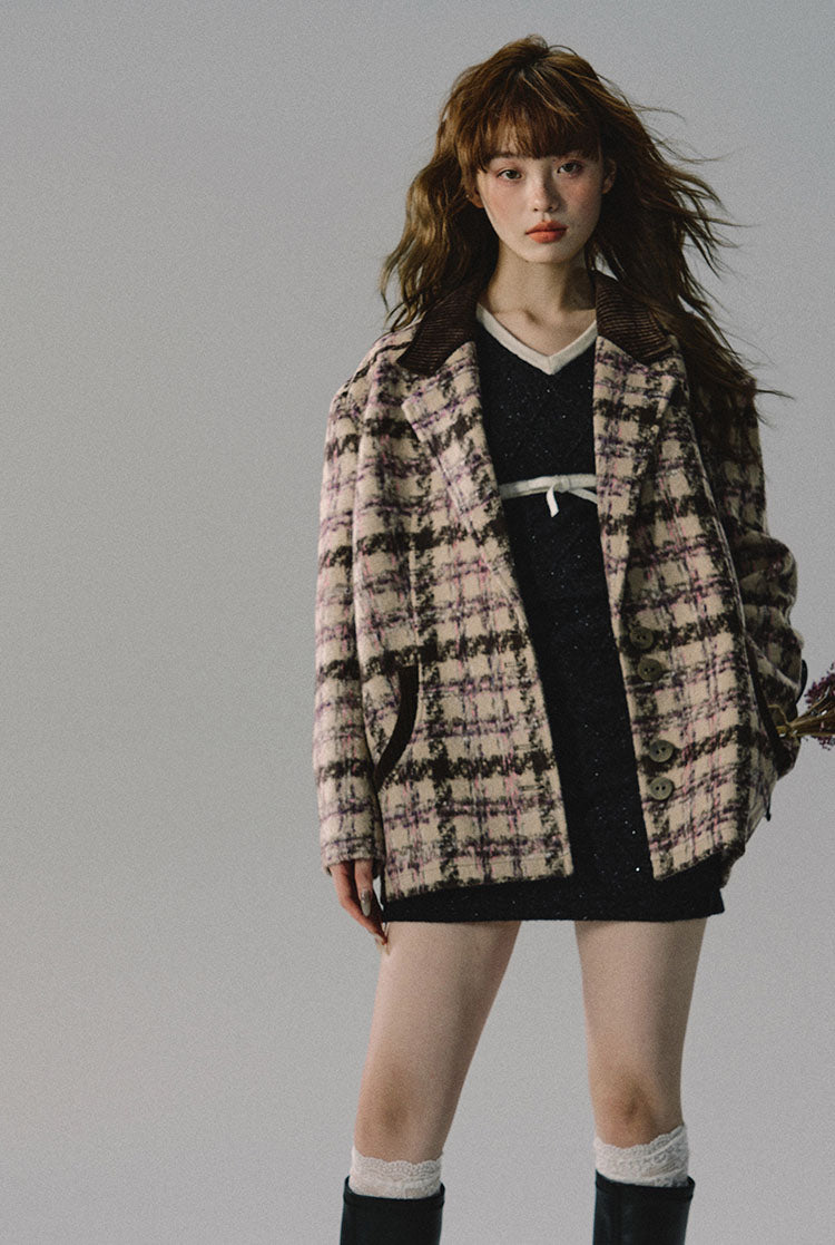 Price collar checkered mid-length coat jacket