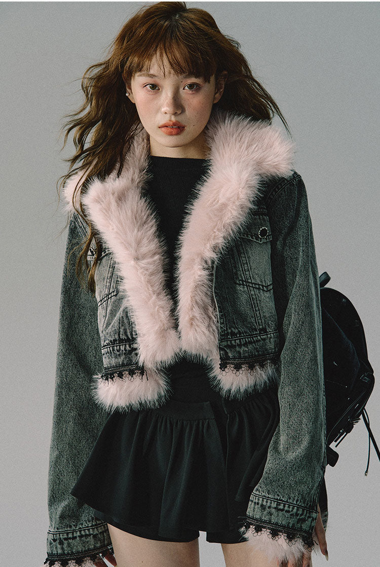 Denim Light Pink Fur Contrast Collar Short Jacket