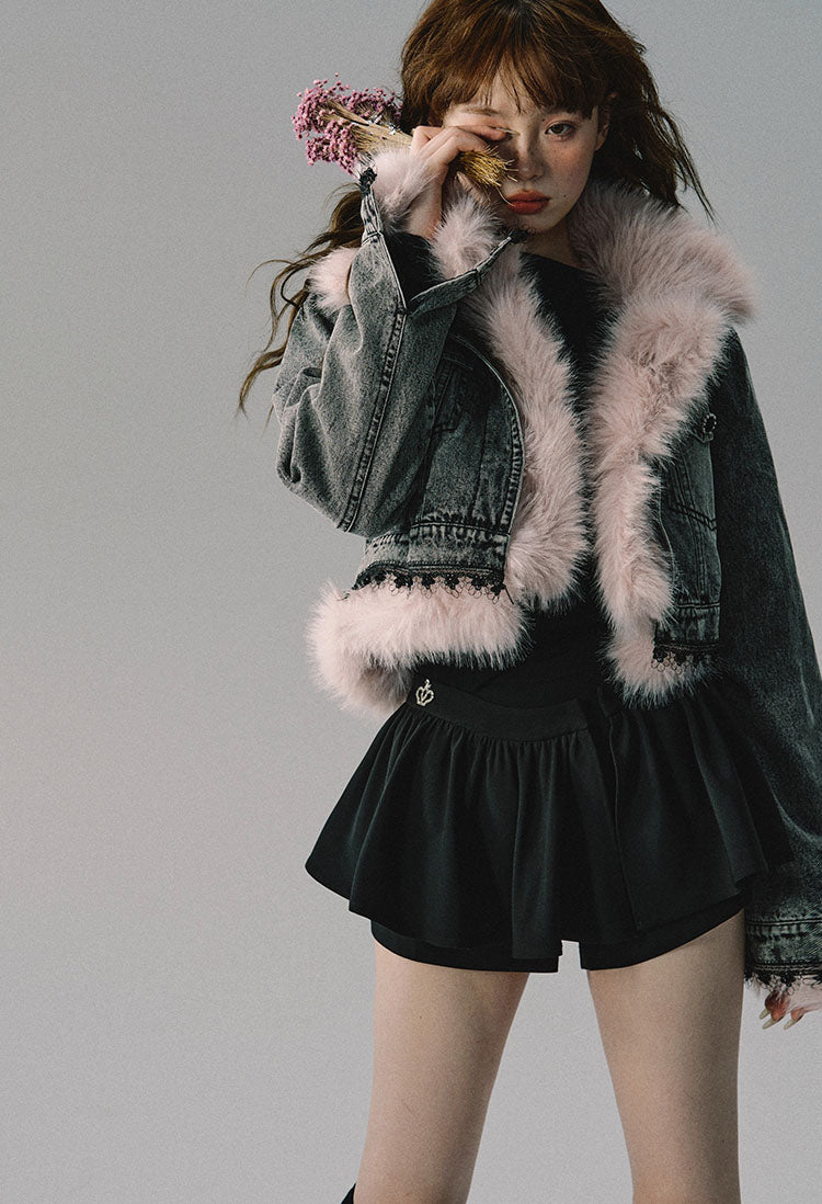 Denim Light Pink Fur Contrast Collar Short Jacket