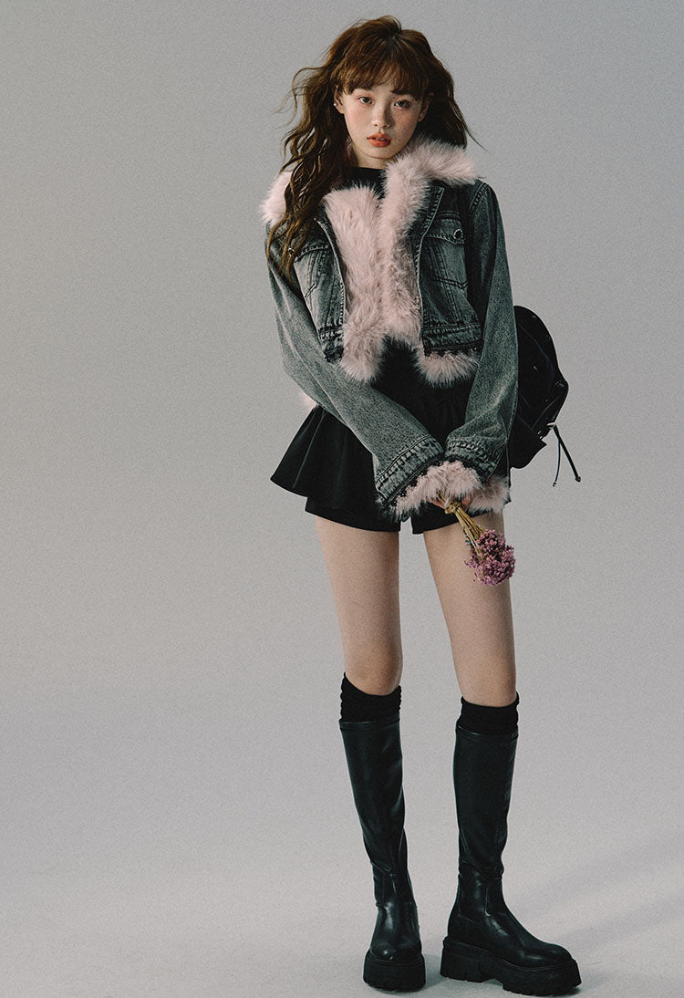 Denim Light Pink Fur Contrast Collar Short Jacket