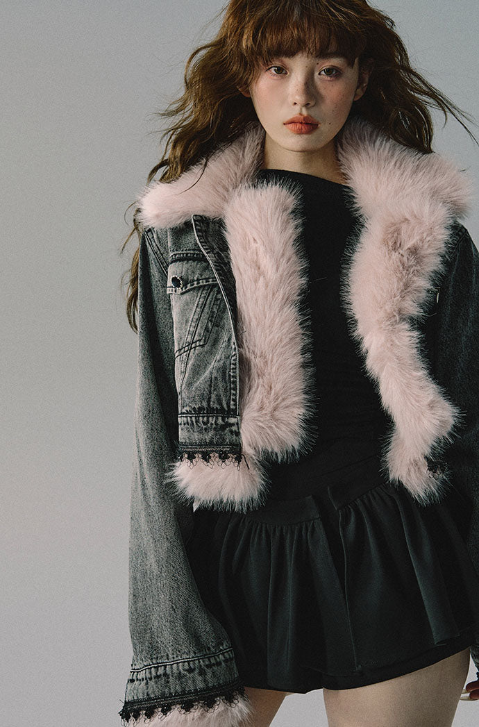 Denim Light Pink Fur Contrast Collar Short Jacket