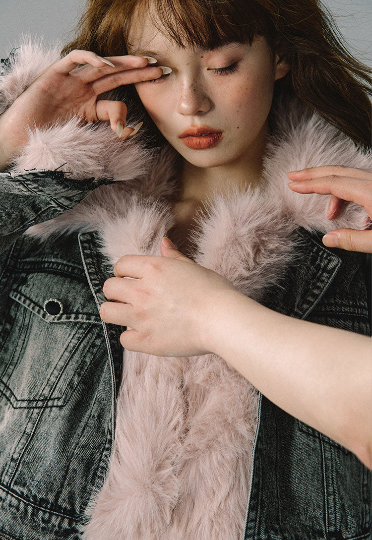 Denim Light Pink Fur Contrast Collar Short Jacket