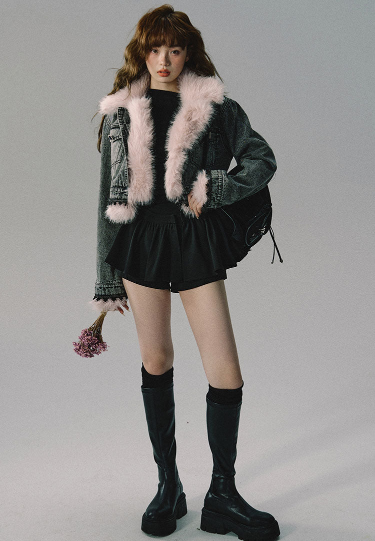 Denim Light Pink Fur Contrast Collar Short Jacket