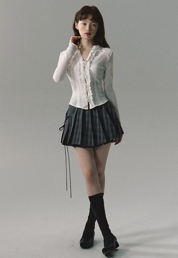 V-neck retro cardigan palace pleated knit shirt