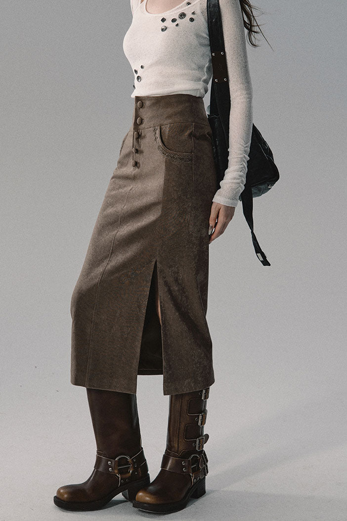 Side Slit Straight Long Skirt