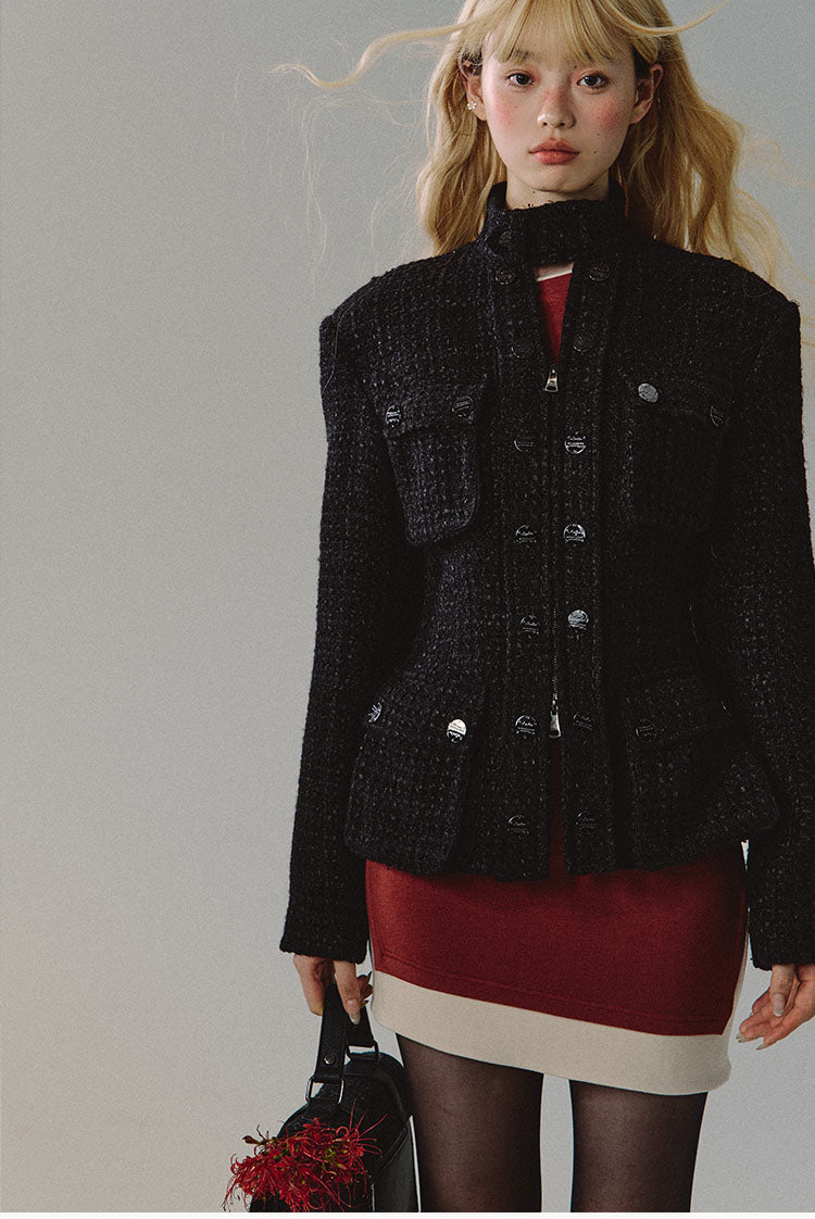 Tweed Double Zipper Waistline Koka Style Jacket