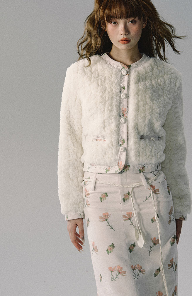 Fluffy Fur Jacquard Round Neck Wool Jacket