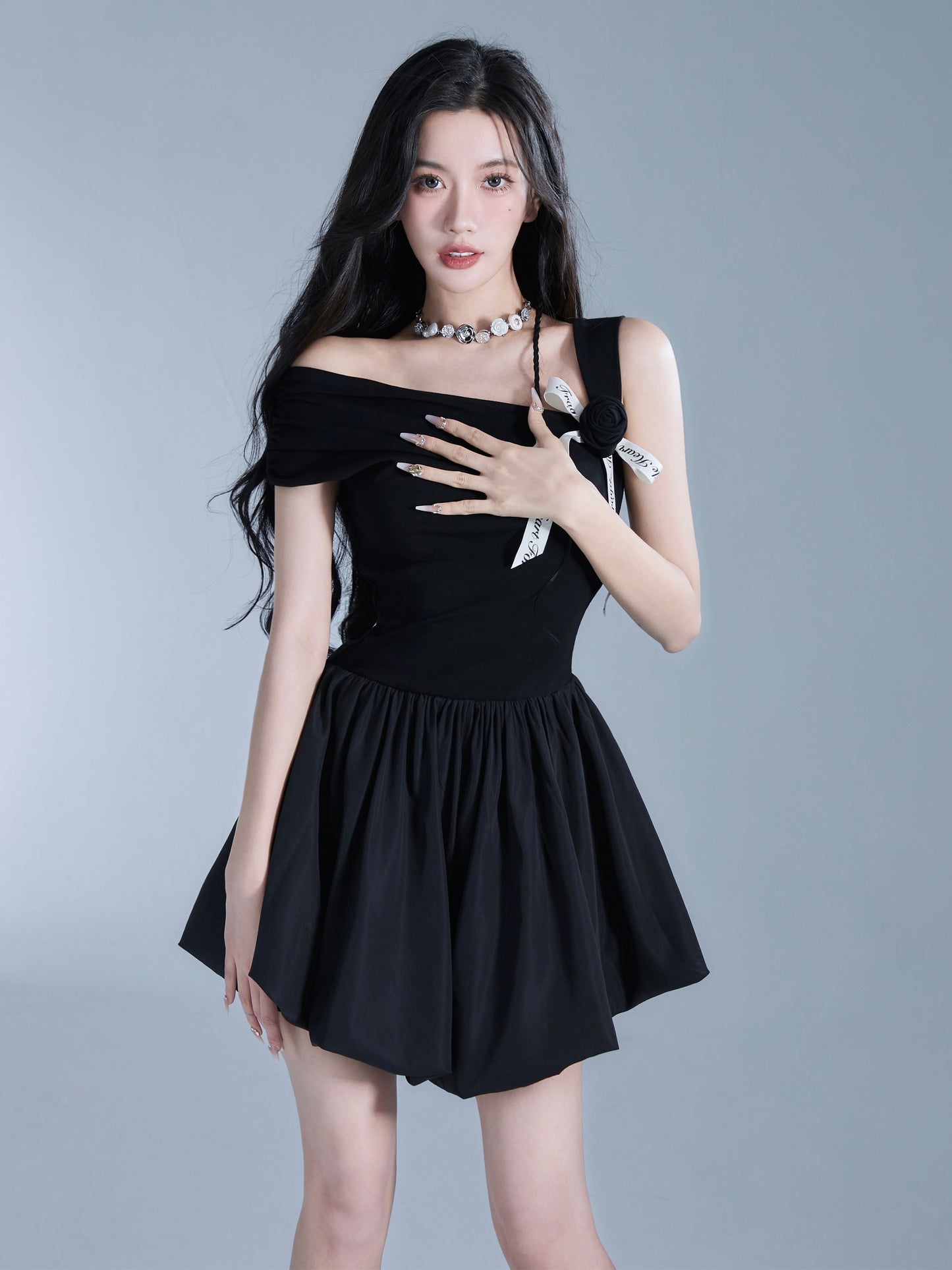 French One Shoulder Ribbon Short Length Dress