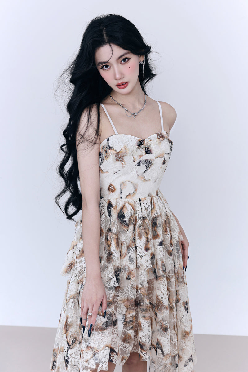 Tiedye pattern irregular design lace suspender dress