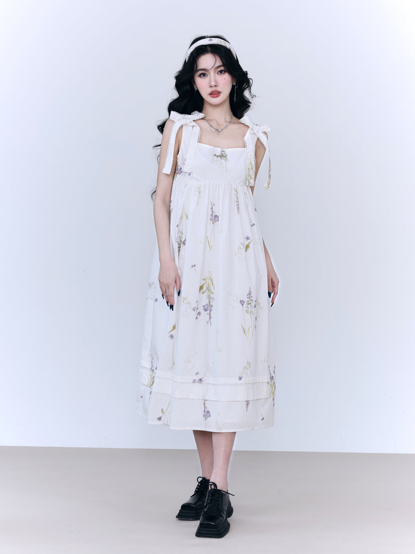 Shoulder Ribbon Floral Pattern Long Length Suspender Dress