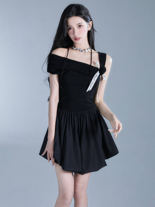 French One Shoulder Ribbon Short Length Dress