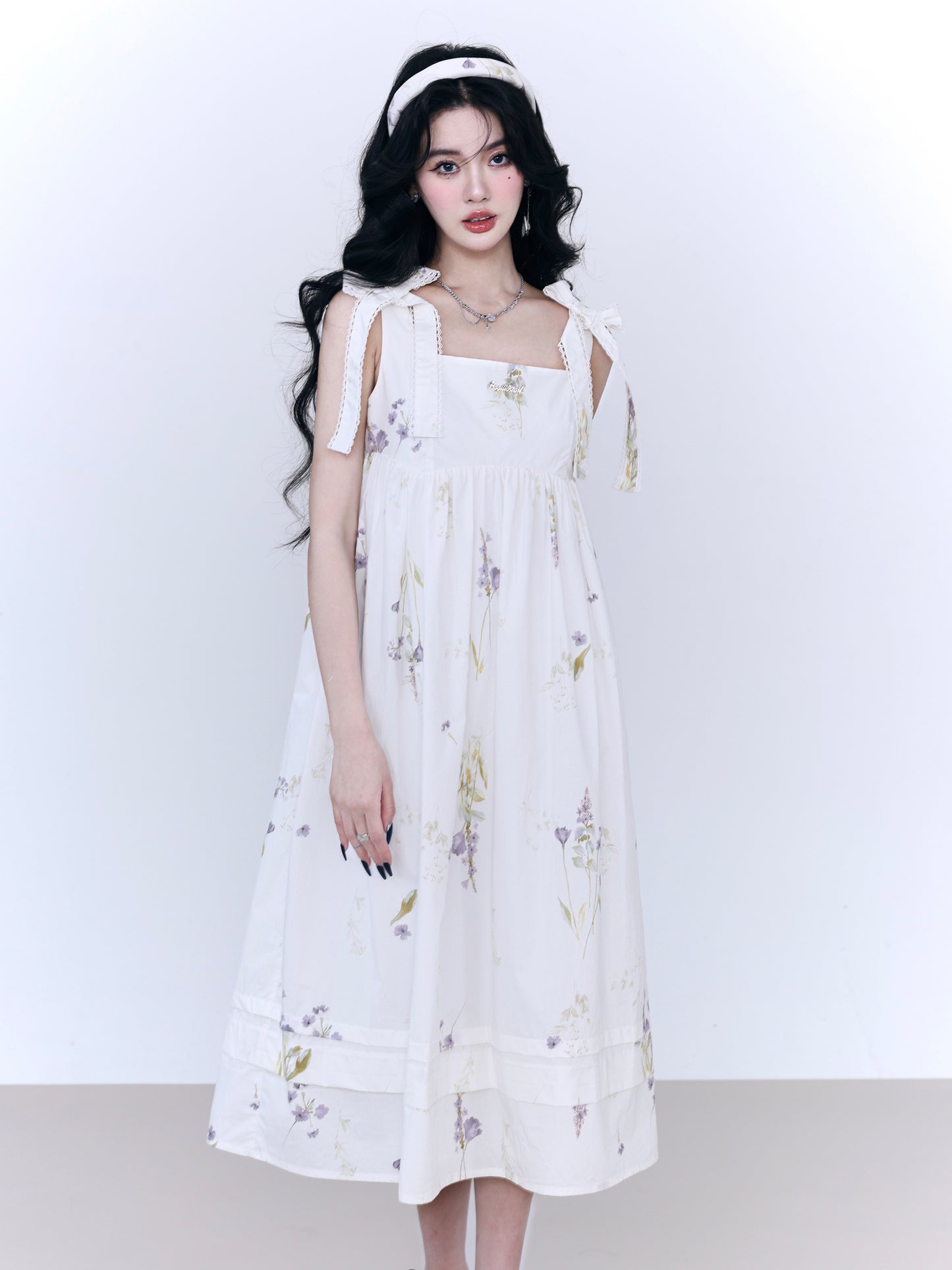 Shoulder Ribbon Floral Pattern Long Length Suspender Dress