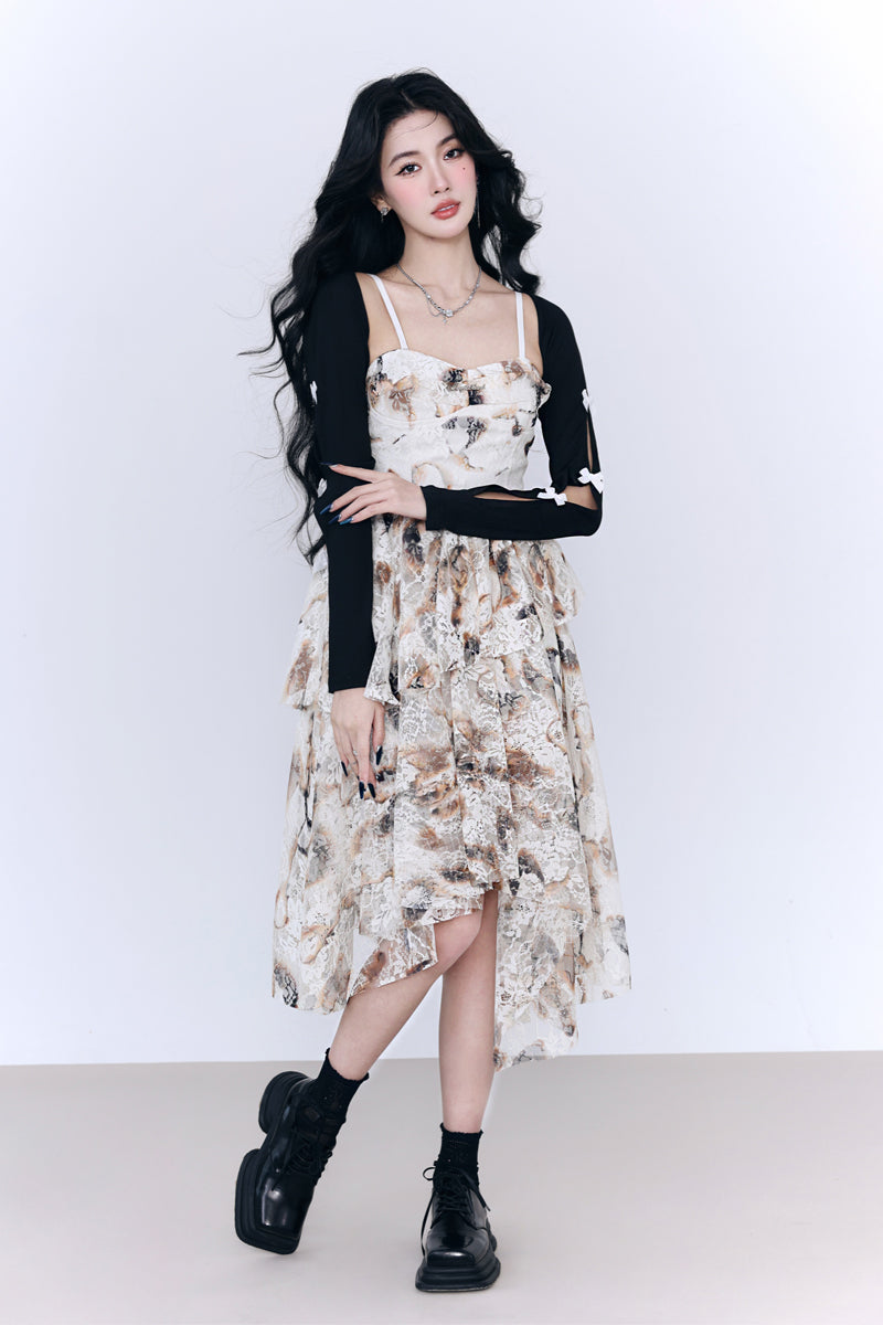 Tiedye pattern irregular design lace suspender dress